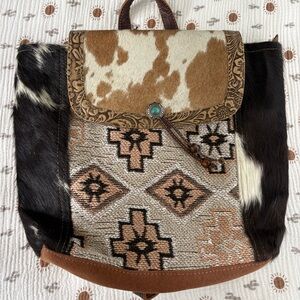 Southwestern Cowhide & Woven Backpack - Tan, Brown, Black